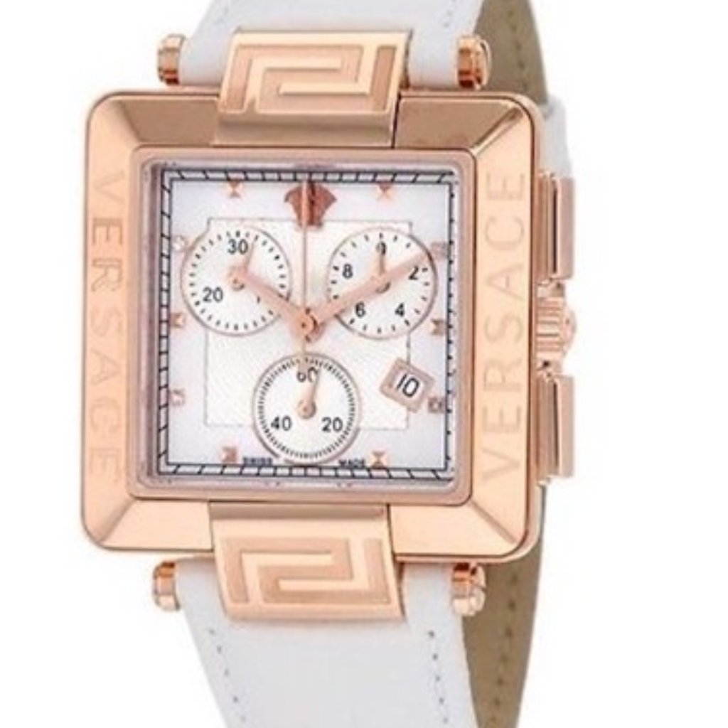 Versace Reve Carre Chronograph White Leather Strap Diamond Ladies Watch